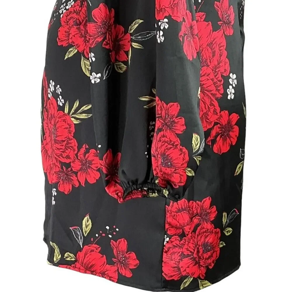 Lulus Mini Dress Women XL Black Red Satin Floral Invitation Long Puff Sleeve - Picture 3 of 7